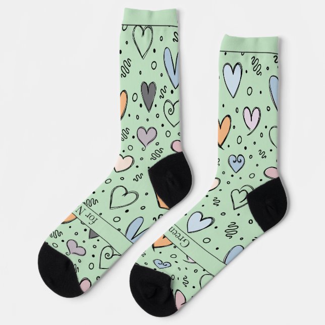 Doodle Hearts on Light Green with Text Socks (Left)