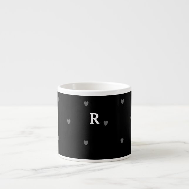 Doodle Hearts Patterns Black Red Monogram Initial Espresso Cup (Front)