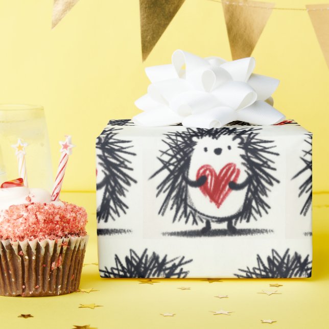 Doodle Hedgehog With Red Heart Wrapping Paper (Birthday Party)