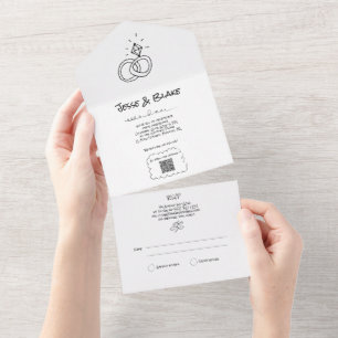 Doodle Illustrations Wedding in Black and White All In One Invitation