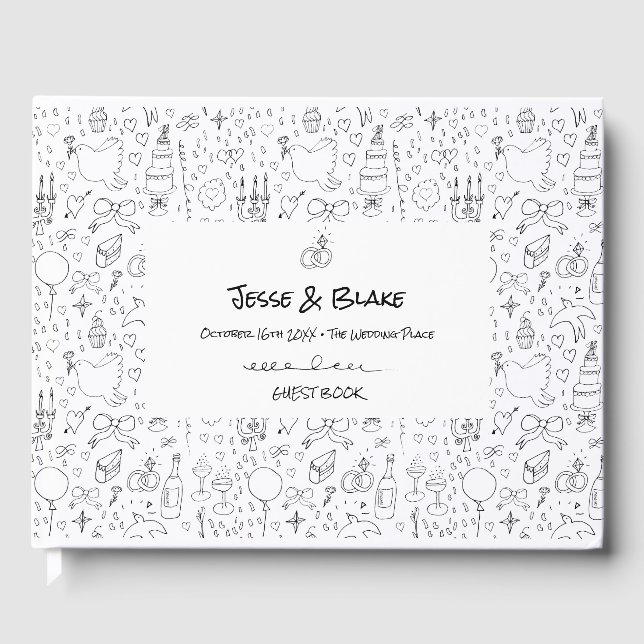 Doodle Illustrations Wedding in Black and White Guest Book (Front)