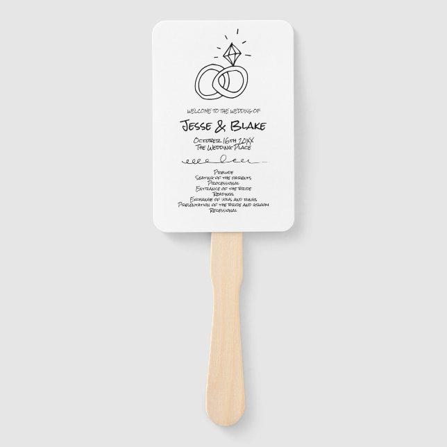 Doodle Illustrations Wedding in Black and White Hand Fan (Front)