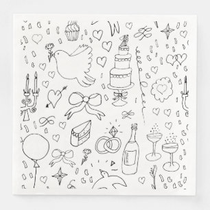 Doodle Illustrations Wedding in Black and White Napkin