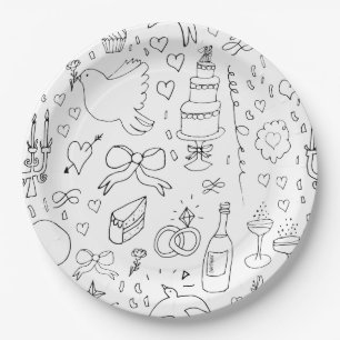 Doodle Illustrations Wedding in Black and White Paper Plate