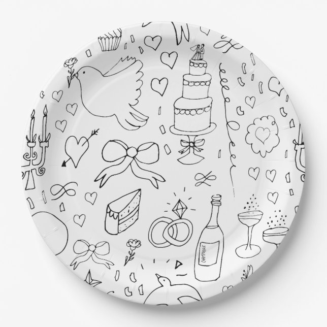 Doodle Illustrations Wedding in Black and White Paper Plate (Front)