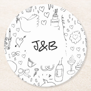 Doodle Illustrations Wedding in Black and White Round Paper Coaster