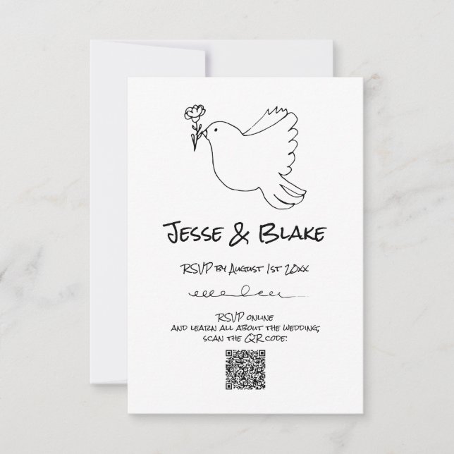 Doodle Illustrations Wedding in Black and White RSVP Card (Front)