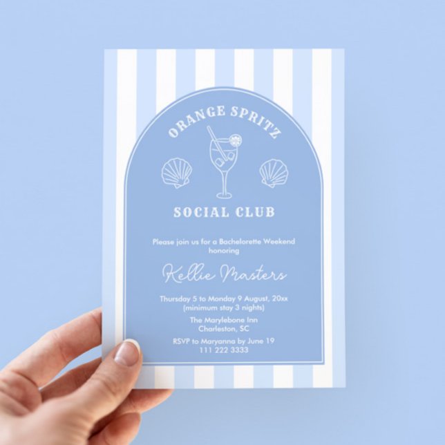 Doodle Italian Orange Spritz Bachelorette Party Invitation (Chic coastal blue and white Orange spritz bachelorette party invite with itinerary on the reverse)