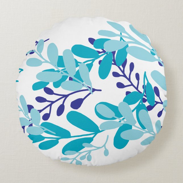 Doodle leaves blue 36 round cushion (Front)