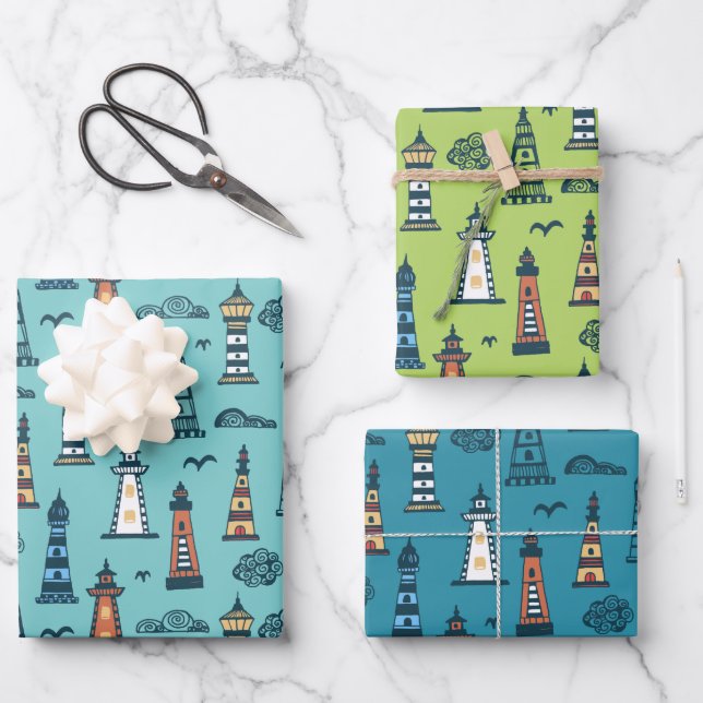 Doodle Lighthouses Wrapping Paper  Set of 3 (Front)