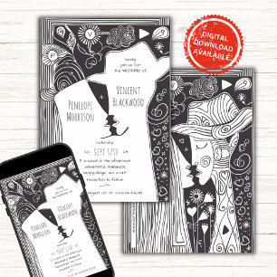 Doodle Line Art Couple Wedding Invitation