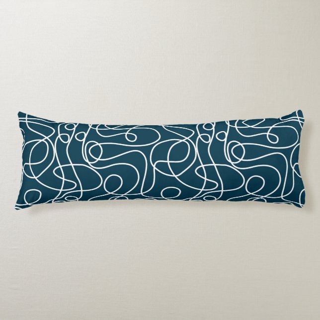 Doodle Line Art Pattern | White on Dark Blue-Green Body Cushion (Front)