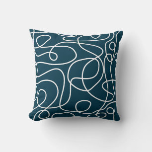 Doodle Line Art Pattern   White on Dark Blue-Green Cushion