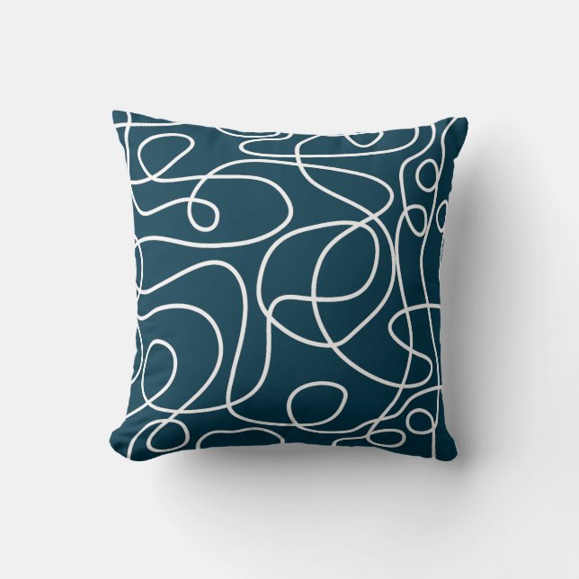 Doodle Line Art Pattern | White on Dark Blue-Green Cushion (Front)