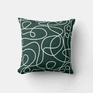 Doodle Line Art Pattern White on Dark Emerald Cushion