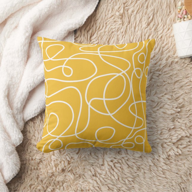 Doodle Line Art Pattern | White on Mustard Yellow Cushion (Blanket)