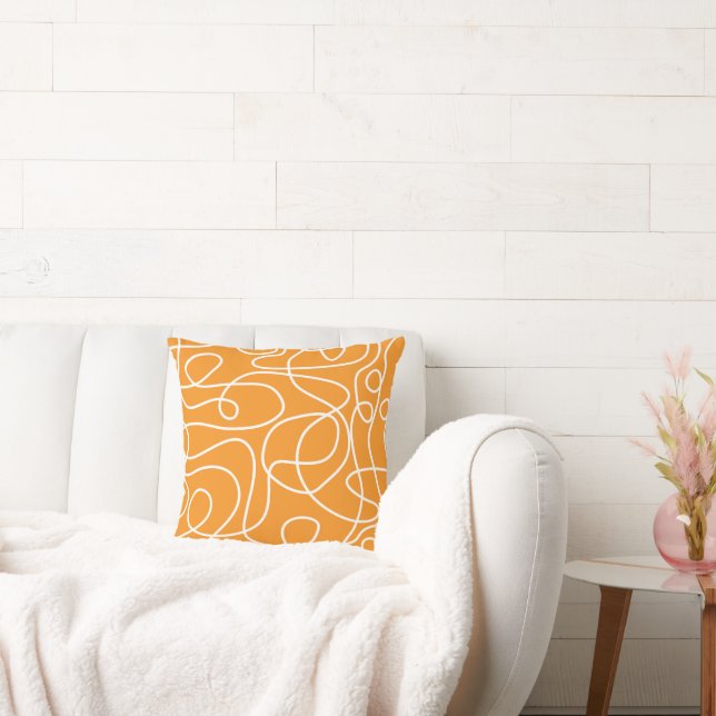 Doodle Line Art Pattern | White on Orange Cushion (Couch)