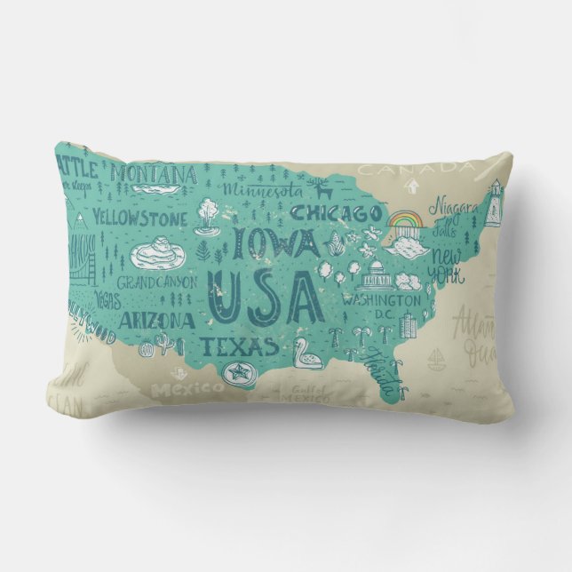 Doodle Map Of USA Lumbar Cushion (Front)