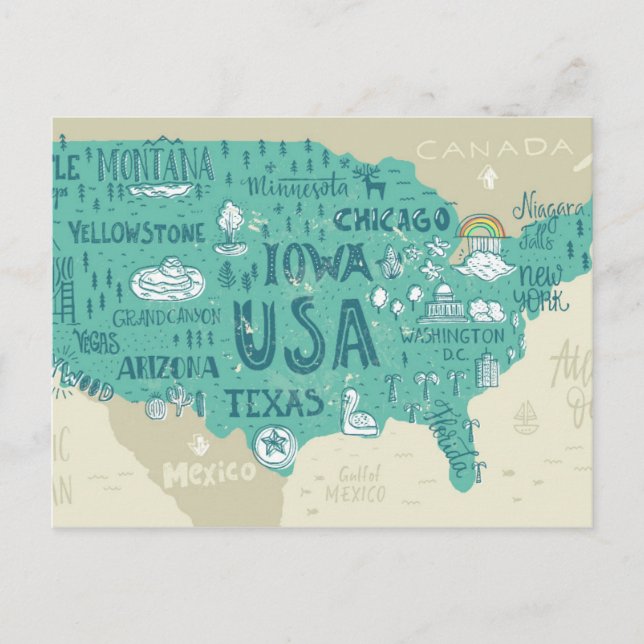 Doodle Map Of USA Postcard (Front)