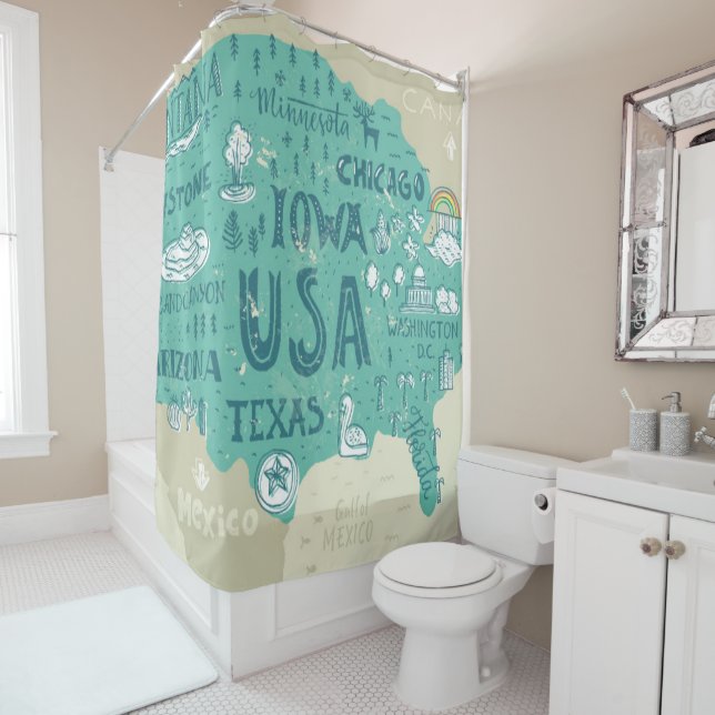 Doodle Map Of USA Shower Curtain (In Situ)