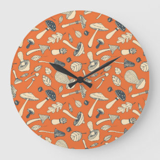 Doodle Mushroom Vintage Seamless Wallpaper Large Clock
