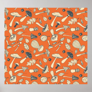 Doodle Mushroom Vintage Seamless Wallpaper Poster