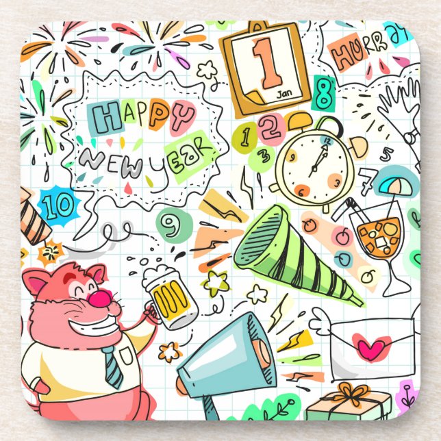 doodle new year party celebration coaster (Front)