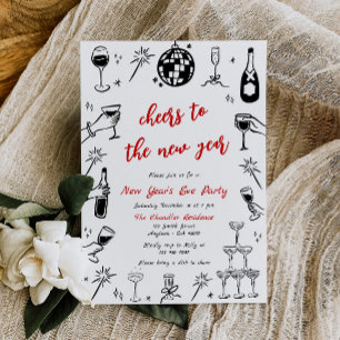 Doodle New Year's Eve Party Invitation Quirky Red