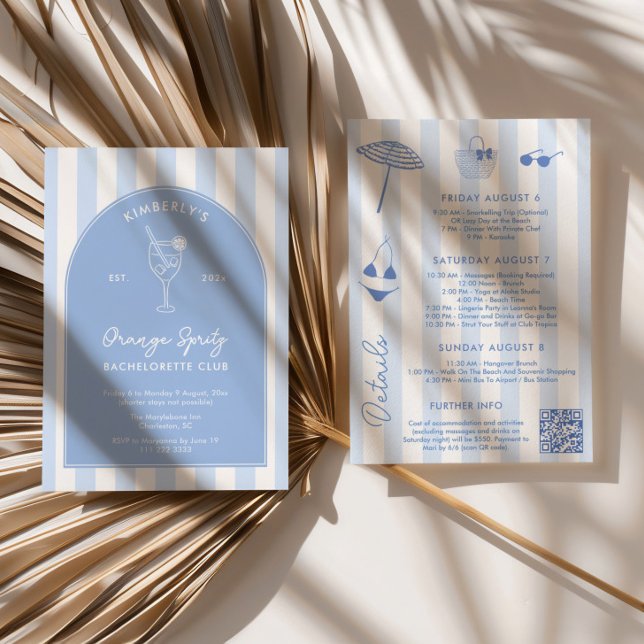 Doodle Orange Spritz Social Club Bach Weekend Invitation (Orange spritz social club bachelorette weekend invitation with itinerary and QR code)