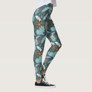 doodle paislies feathers flowers boho pattern teal leggings