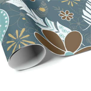 doodle paislies feathers flowers boho pattern teal wrapping paper