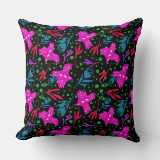 Doodle pattern flowers, leaves birds black backgro cushion
