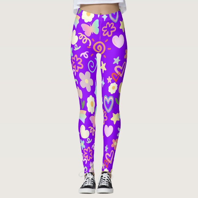 Doodle  pattern pastel shade B Purple BG Leggings (Front)
