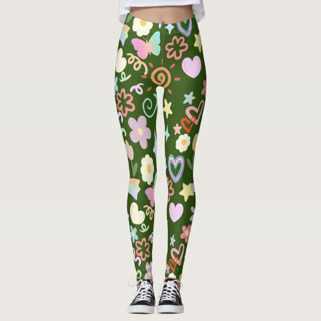 Doodle  pattern pastel shade D Green BG Leggings (Front)