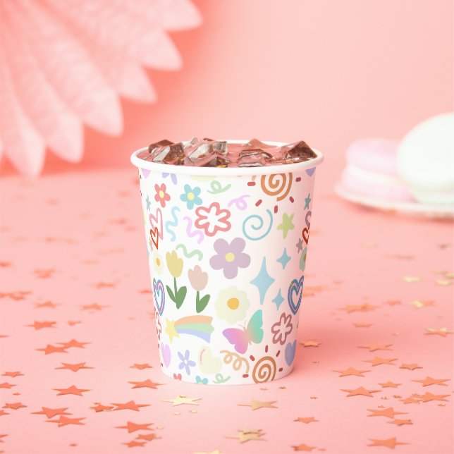 Doodle  pattern pastel shade paper cups (Insitu)