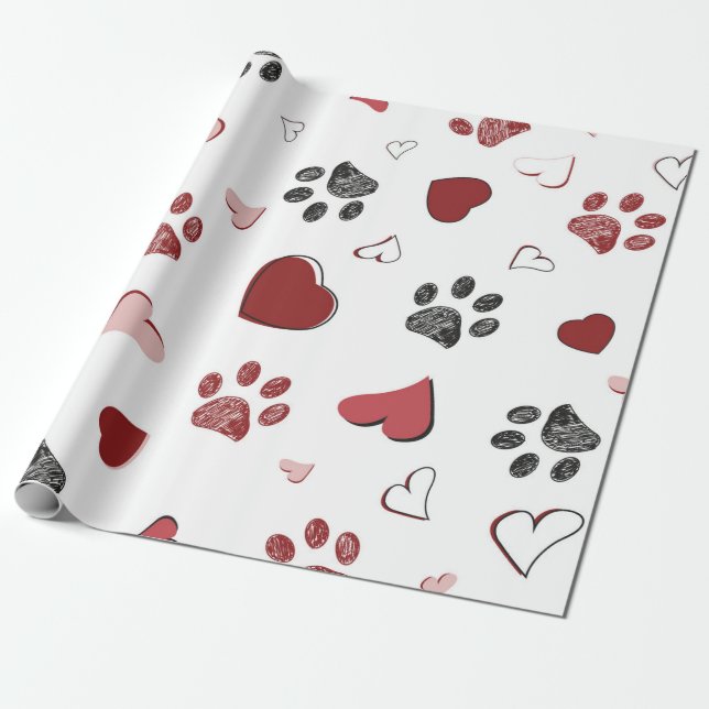 Doodle paw and hearts pattern wrapping paper (Unrolled)