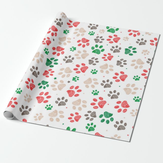 Doodle paw prints Christmas  Wrapping Paper (Unrolled)