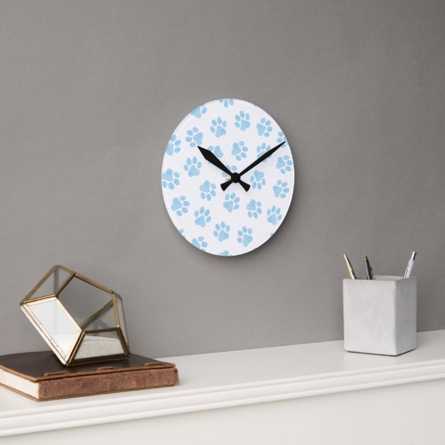 Doodle Paws, Dog Paws, Baby Blue Paws Round Clock (Office)