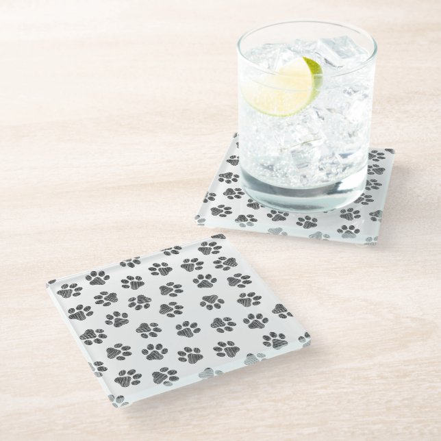 Doodle Paws, Dog Paws, Black Paws Glass Coaster (Angled)