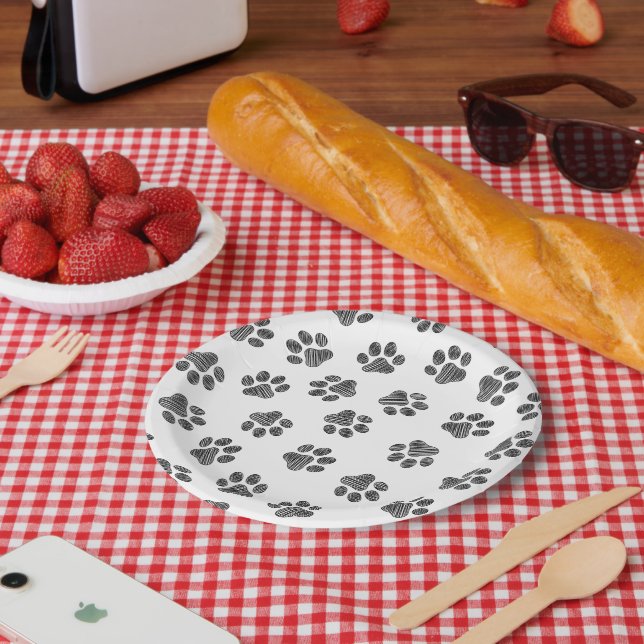 Doodle Paws, Dog Paws, Black Paws Paper Plate (Picnic)
