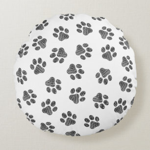 Doodle Paws, Dog Paws, Black Paws Round Cushion
