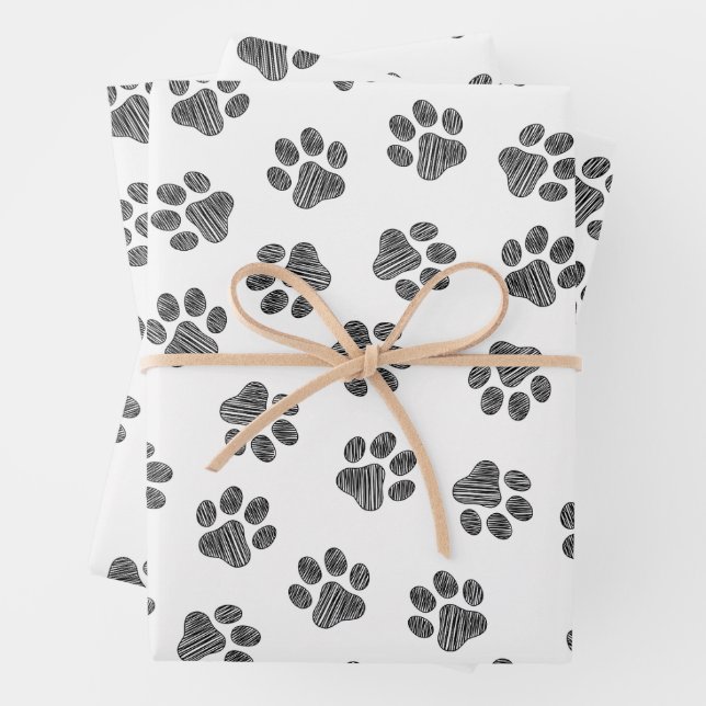 Doodle Paws, Dog Paws, Black Paws Wrapping Paper Sheet (In situ)