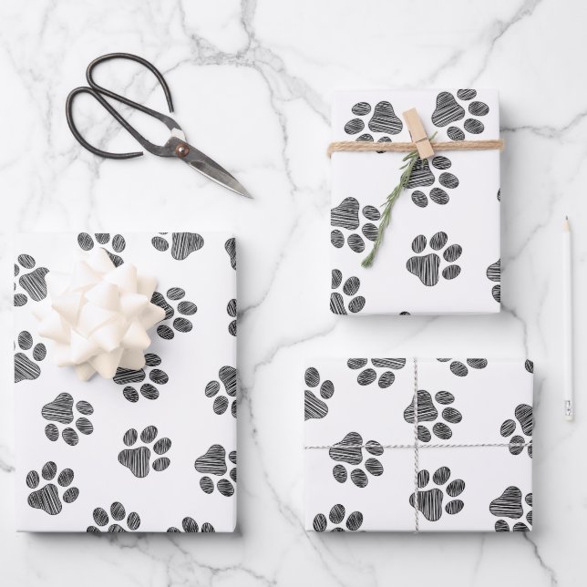 Doodle Paws, Dog Paws, Black Paws Wrapping Paper Sheet (Front)