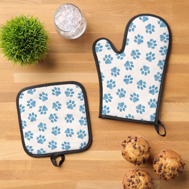 Doodle Paws, Dog Paws, Blue Paws Oven Mitt & Pot Holder Set (Top Down)