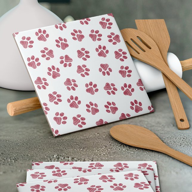 Doodle Paws, Dog Paws, Burgundy Paws Ceramic Tile (Creator Uploaded)