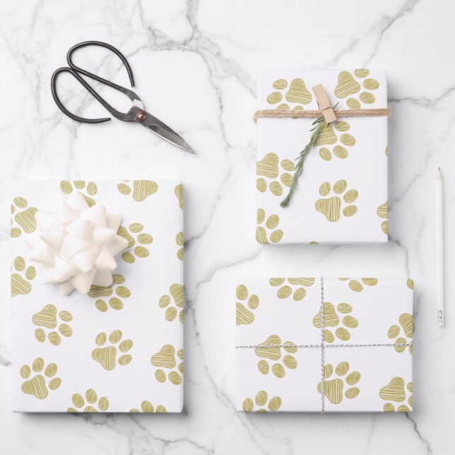 Doodle Paws, Dog Paws, Gold Paws Wrapping Paper Sheet (Front)