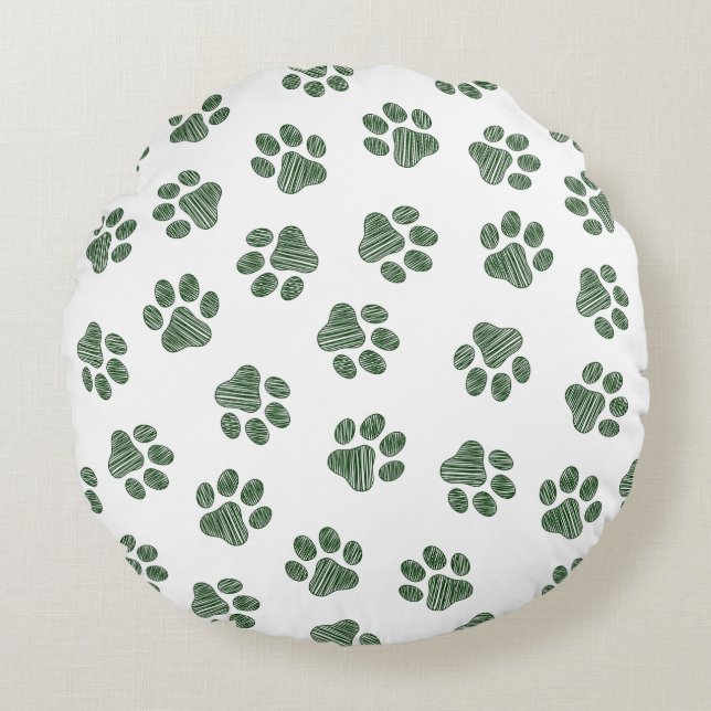 Doodle Paws, Dog Paws, Green Paws Round Cushion (Front)