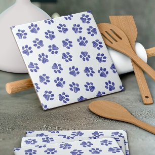 Doodle Paws, Dog Paws, Navy Blue Paws Ceramic Tile