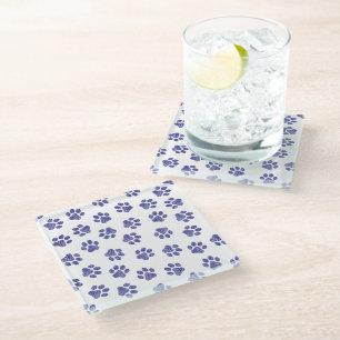 Doodle Paws, Dog Paws, Navy Blue Paws Glass Coaster