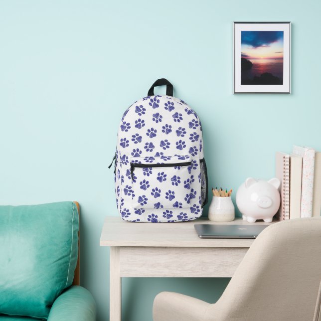 Doodle Paws, Dog Paws, Navy Blue Paws Printed Backpack (Insitu)